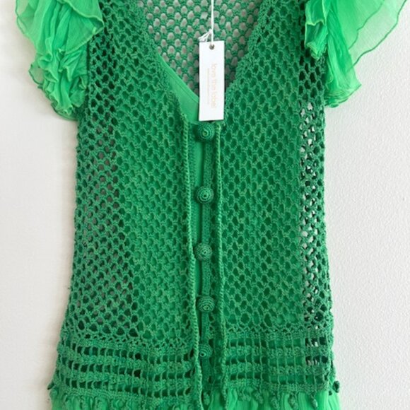 Anthropologie Love The Label Tiered Kelly Green Crochet Flutter-Sleeve Dress NWT - Picture 7 of 16